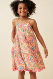 GY6809 Pink Mix Girls Textured Abstract Floral Pom Pom Hem Dress Front