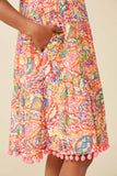 GY6809 Pink Mix Girls Textured Abstract Floral Pom Pom Hem Dress Detail