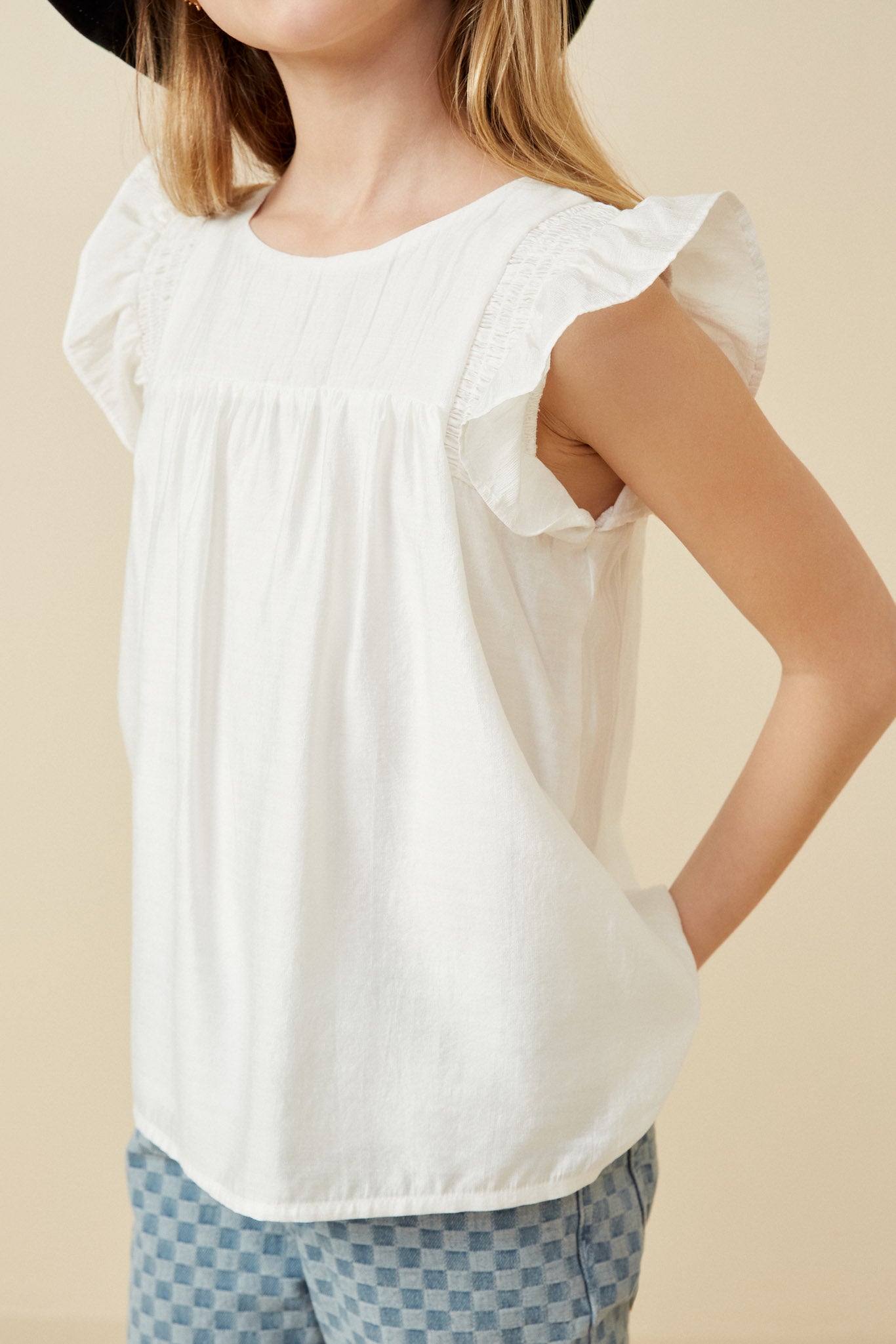 Smocked Detail Ruffle Shoulder Top