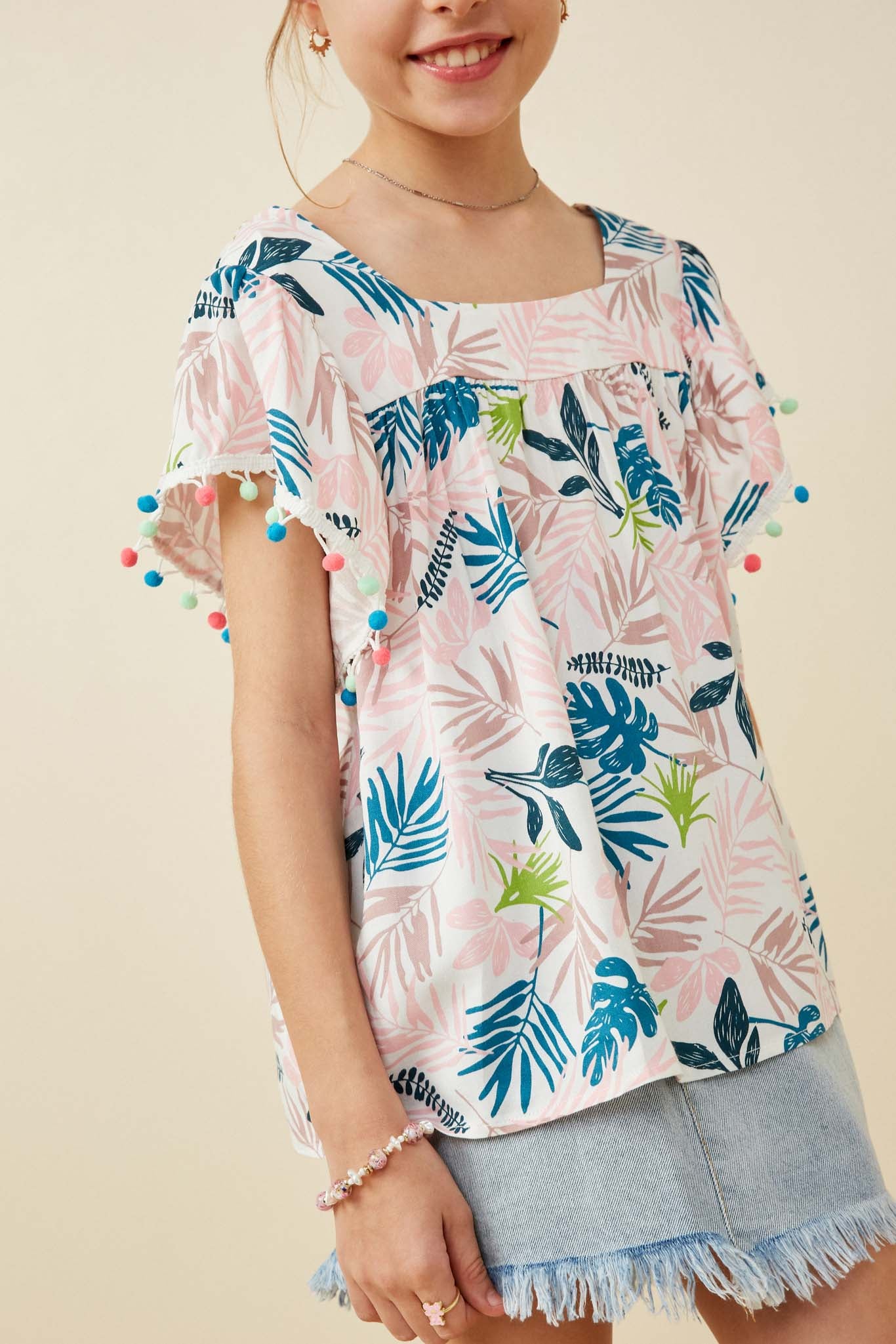 Girls Botanical Print Pom Pom Sleeve Square Neck Top Detail