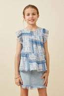 GY6817 Blue Girls Handkerchief Print Ruffle Sleeve Peplum Top Front