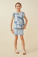 GY6817 Blue Girls Handkerchief Print Ruffle Sleeve Peplum Top Full Body