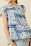 GY6817 Blue Girls Handkerchief Print Ruffle Sleeve Peplum Top Detail