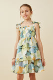GY6820 SAGE Girls Textured Geo Print Tie Shoulder Smocked Dress Front