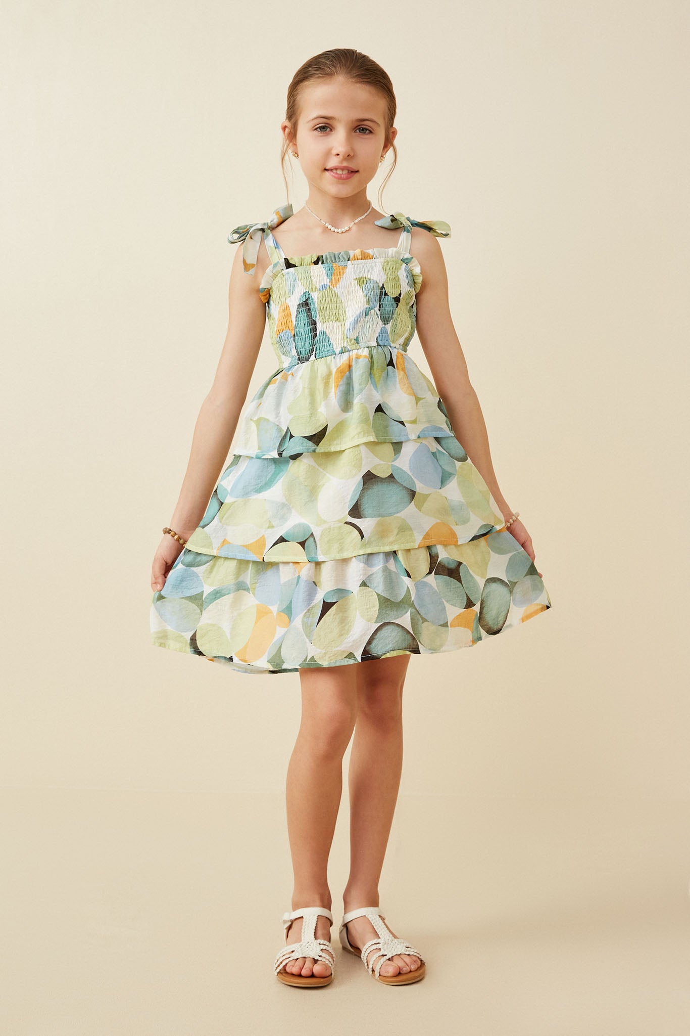 Textured Geo Print Tie Shoulder Smocked Dress