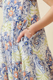 GY6823 Blue Girls Textured Floral Mandala Print Ruffled Tank Dress Detail
