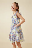 GY6823 Blue Girls Textured Floral Mandala Print Ruffled Tank Dress Side