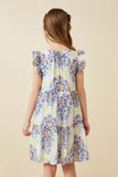 GY6823 Blue Girls Textured Floral Mandala Print Ruffled Tank Dress Back