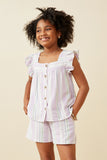 GY6831 LAVENDER Girls Striped Square neck Ruffled Button Top Front