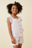 GY6831 LAVENDER Girls Striped Square neck Ruffled Button Top Side