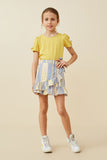 GY6833 Denim Girls Asymmetric Ruffle Ribbon Tie Striped Skirt Full Body