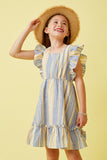 GY6835 Blue Girls Striped Ruffle Detail Square Neck Dress Front
