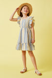 GY6835 Blue Girls Striped Ruffle Detail Square Neck Dress Full Body