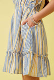 GY6835 Blue Girls Striped Ruffle Detail Square Neck Dress Detail