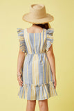 GY6835 Blue Girls Striped Ruffle Detail Square Neck Dress Back