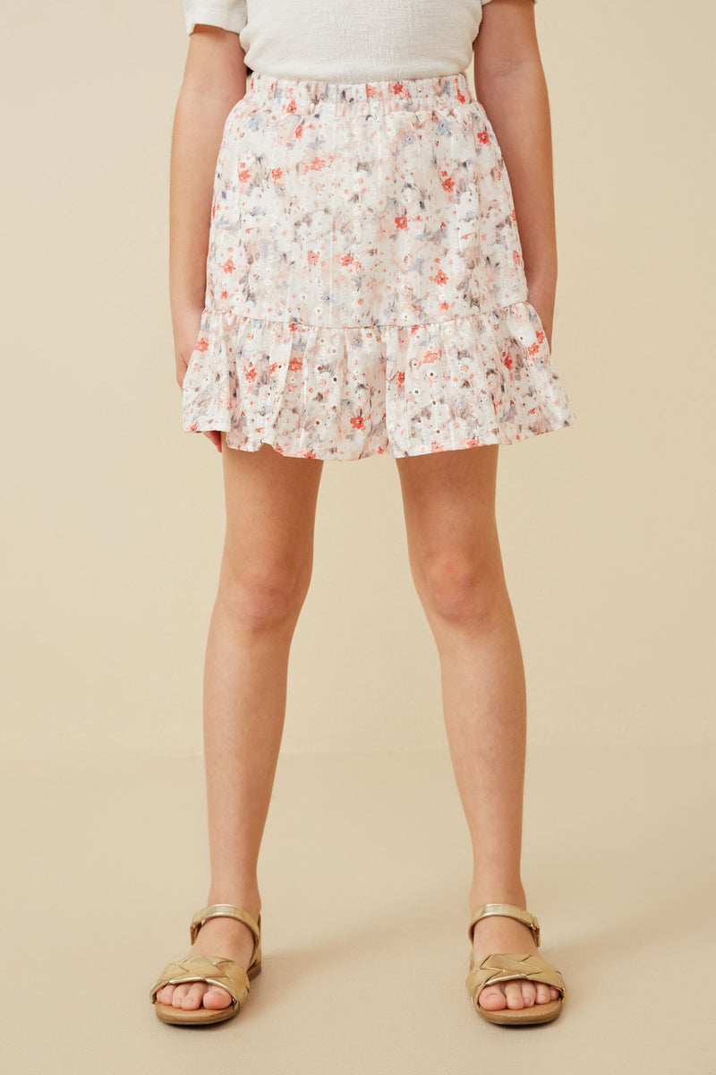 GY6837 Pink Girls Eyelet Embroidered Floral Elastic Waist Skirt Front