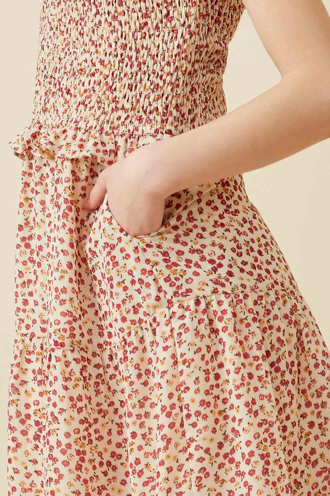 Ditsy Floral Smocked Tie Shoulder Dress