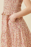 GY6842 Cream Girls Disty Floral Smocked Tie Shoulder Dress Detail