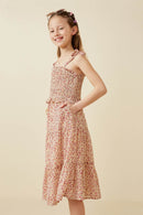 GY6842 Cream Girls Disty Floral Smocked Tie Shoulder Dress Side