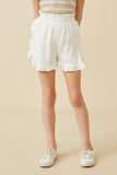GY6846 Off White Girls Ruffle Trimmed Elastic Waist Soft Shorts Front