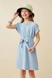 GY6860 Blue Girls Textured Stripe Self Belted Knit Dress Front