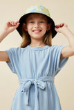 GY6860 Blue Girls Textured Stripe Self Belted Knit Dress Front 2