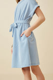 GY6860 Blue Girls Textured Stripe Self Belted Knit Dress Side