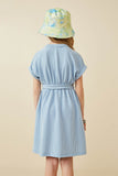 GY6860 Blue Girls Textured Stripe Self Belted Knit Dress Back