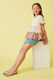 GY6865 Pink Girls Textured Stripe Colorblock Tee Pose