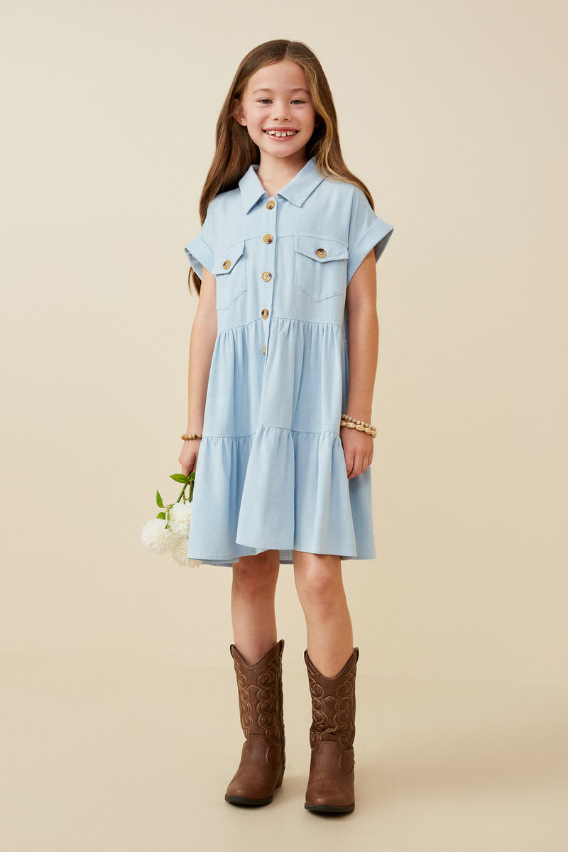 GY6879 Blue Girls Textured Button Down Collared Dress Full Body