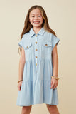 GY6879 Blue Girls Textured Button Down Collared Dress Front