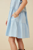 GY6879 Blue Girls Textured Button Down Collared Dress Detail