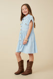 GY6879 Blue Girls Textured Button Down Collared Dress Side