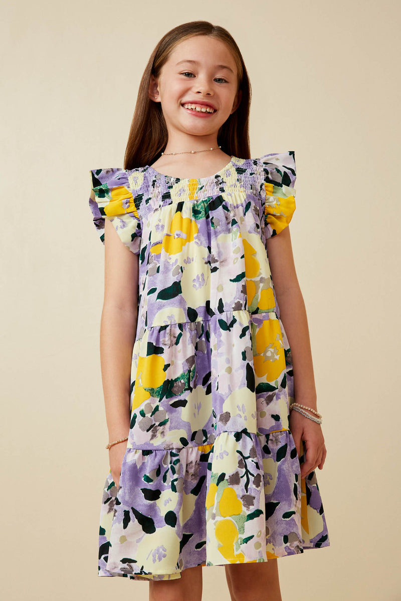 GY6881 Lavender Girls Floral Placement Smock Ruffled Tank Dress Front
