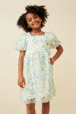 GY6885 Sage Mix Girls Mesh Floral Square Neck Dress Front