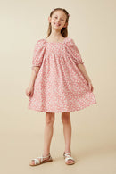 GY6892 Pink Girls Ditsy Floral Square Neck Poplin Dress Full Body