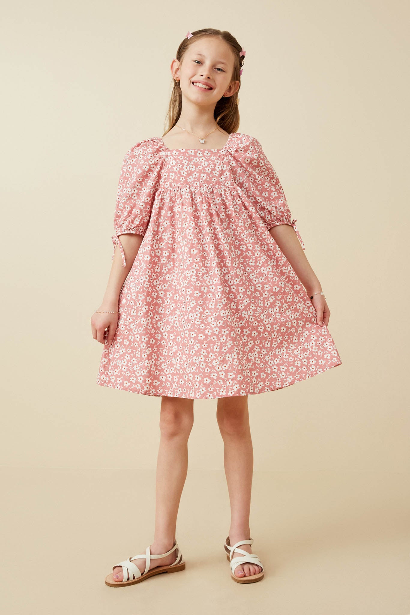 GY6892 Pink Girls Ditsy Floral Square Neck Poplin Dress Full Body