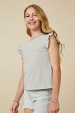 GY6897 Grey Girls Smocked Ruffle Striped Knit Top Front