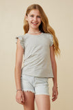 GY6897 Grey Girls Smocked Ruffle Striped Knit Top Front 2