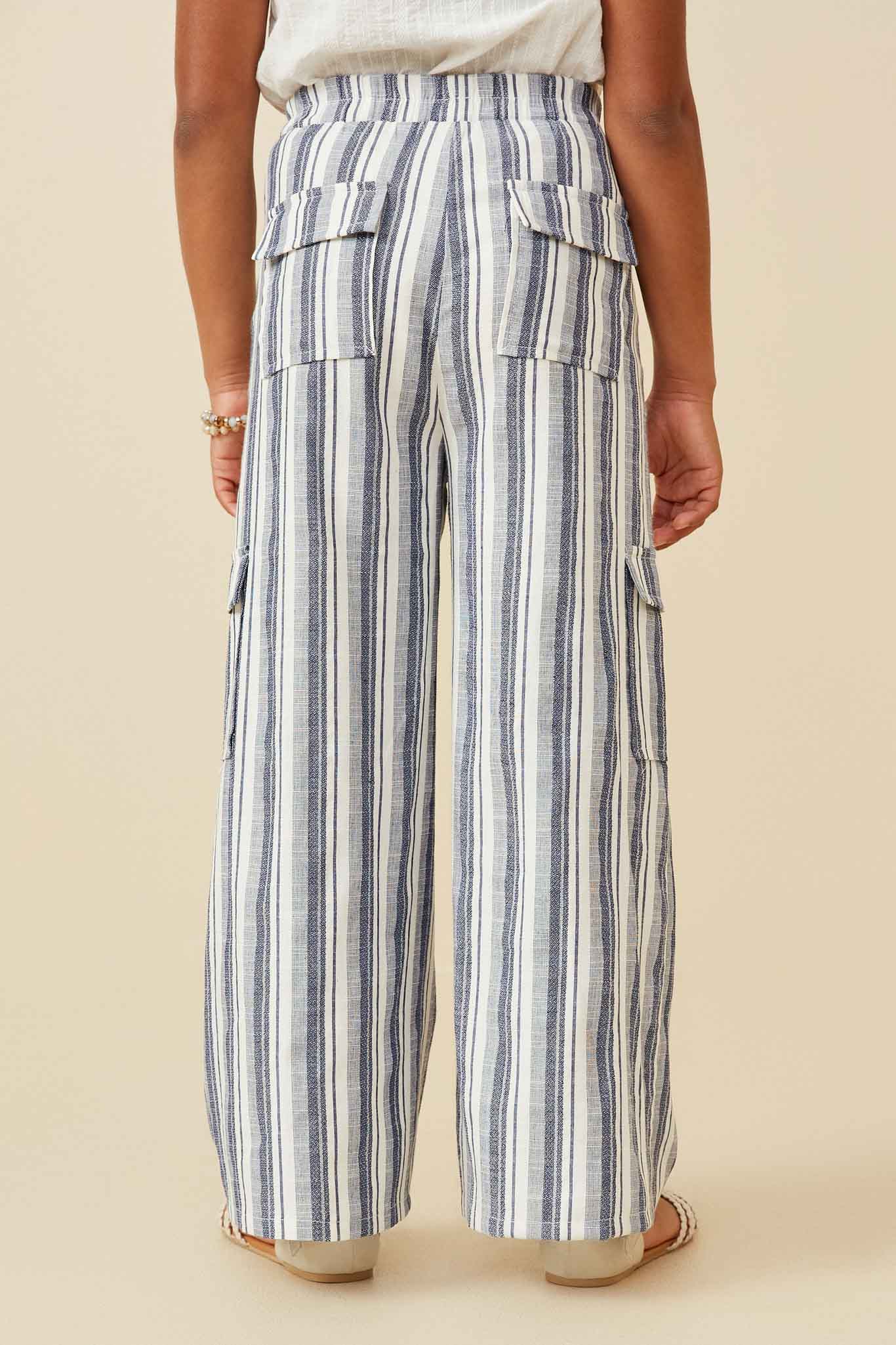 GY6907 Navy Girls Striped Patch Pocket Wideleg Cargo Pants Back