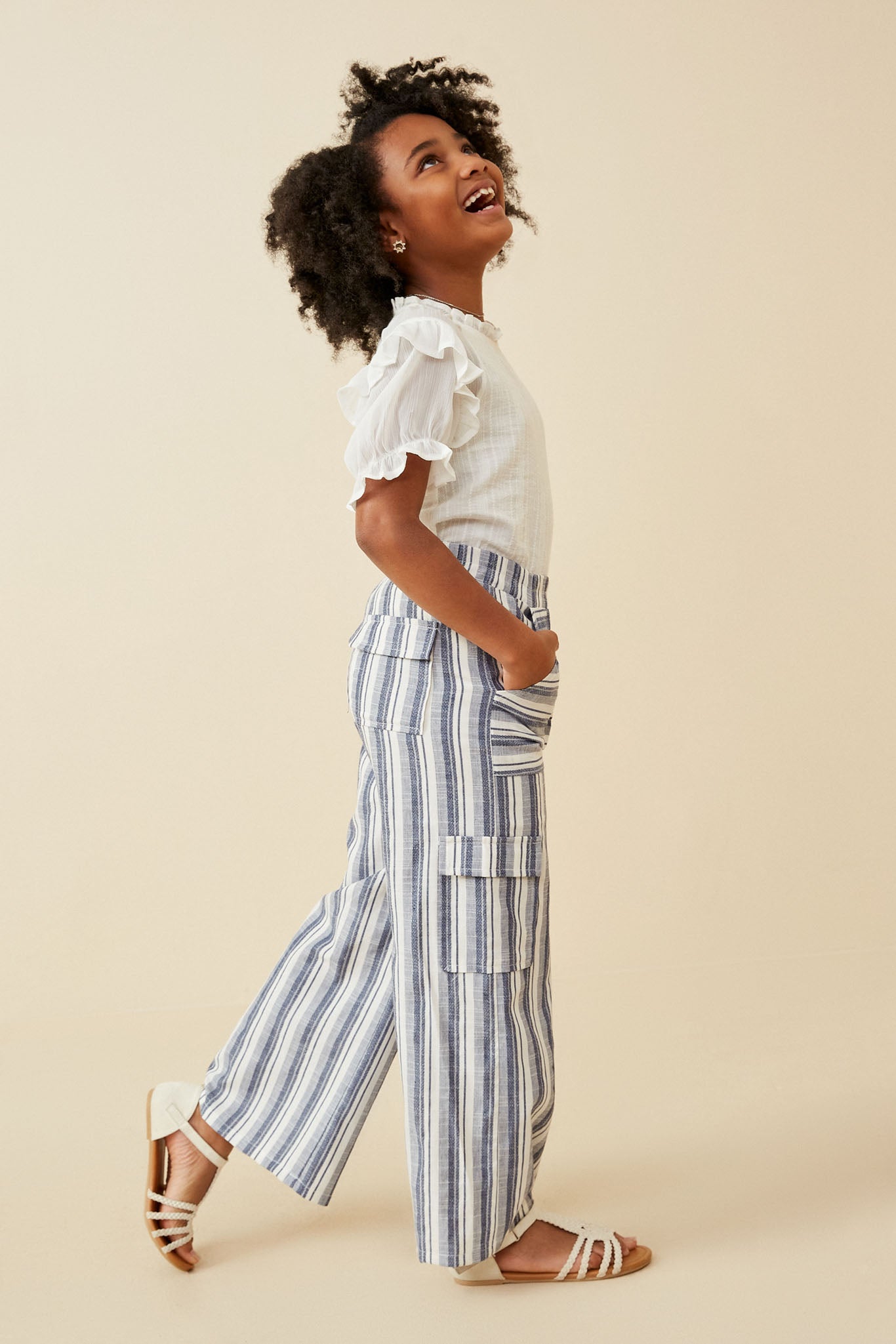 GY6907 Navy Girls Striped Patch Pocket Wideleg Cargo Pants Full Body