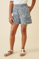GY6917 Denim Girls Floral Chambray Smocked Cargo Shorts Front