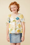 Girls Textured Botanical Print Shirred Front Top Front
