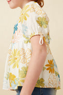 Girls Textured Botanical Print Shirred Front Top Side