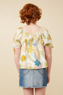 Girls Textured Botanical Print Shirred Front Top Back