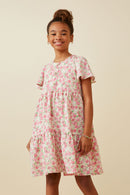 GY6939 Pink Girls Button Detail Textured Floral Dress Front