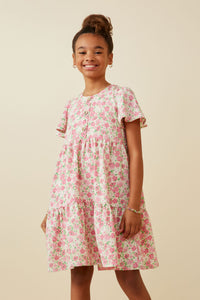 GY6939 Pink Girls Button Detail Textured Floral Dress Front
