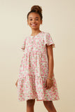 GY6939 Pink Girls Button Detail Textured Floral Dress Front