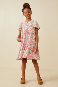 GY6939 Pink Girls Button Detail Textured Floral Dress Full Body