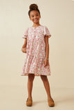 GY6939 Pink Girls Button Detail Textured Floral Dress Full Body